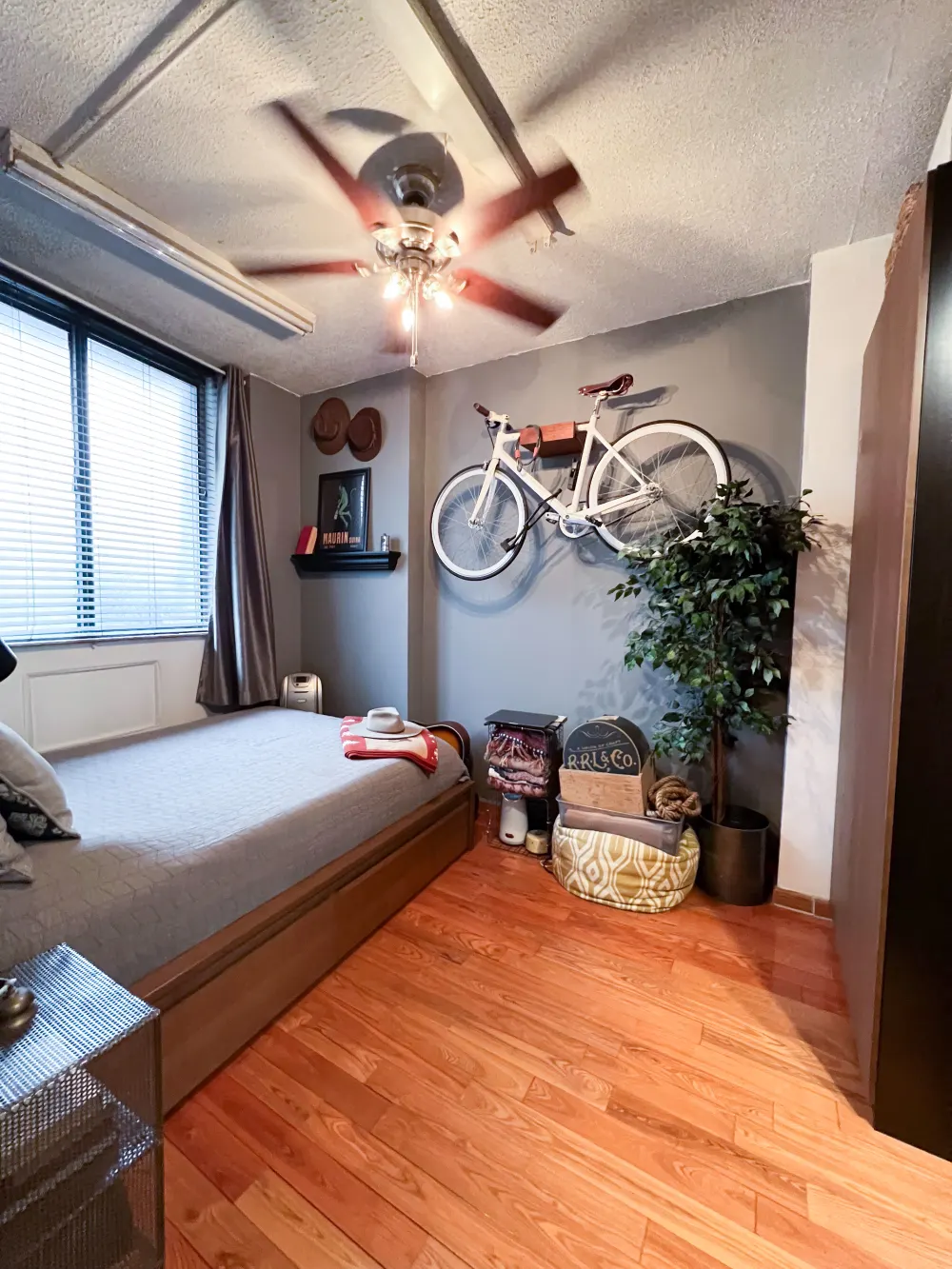 Cozy bedroom with wall bike.