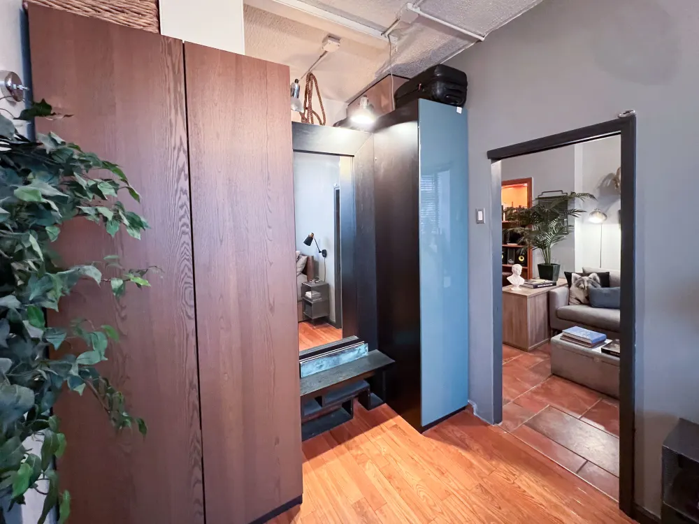 Cozy, modern apartment with plants.