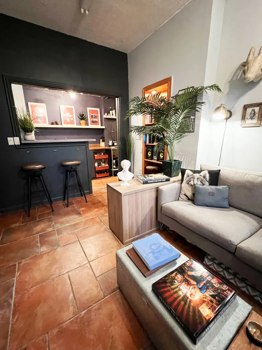 Cozy living room with bar.