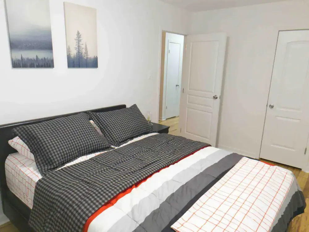 Modern bedroom with checkered bedding.