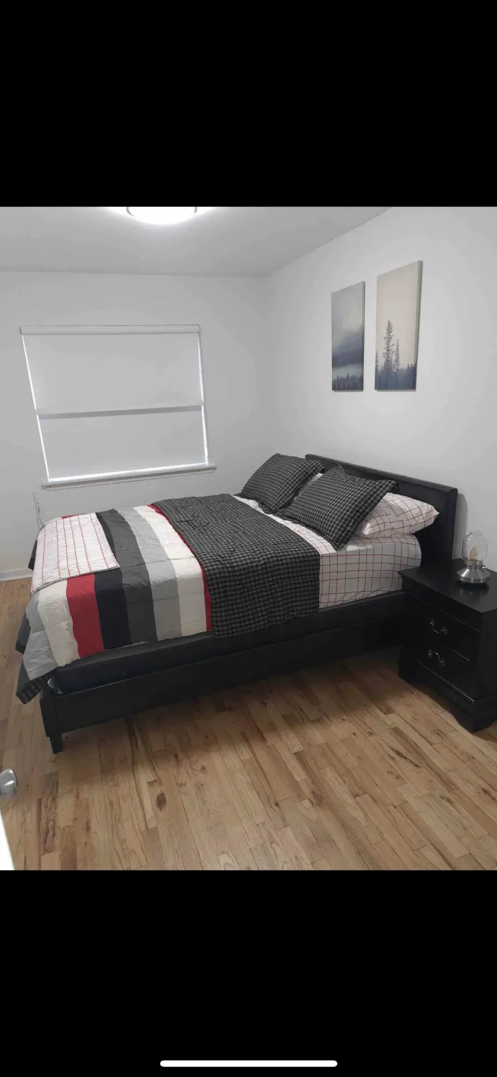 Cozy modern bedroom with artwork.