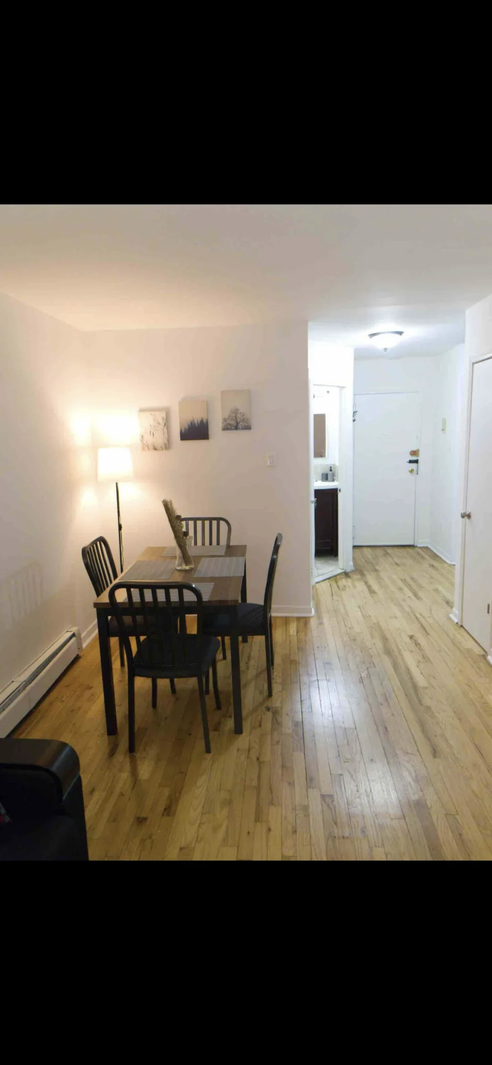 Wooden dining table in apartment.