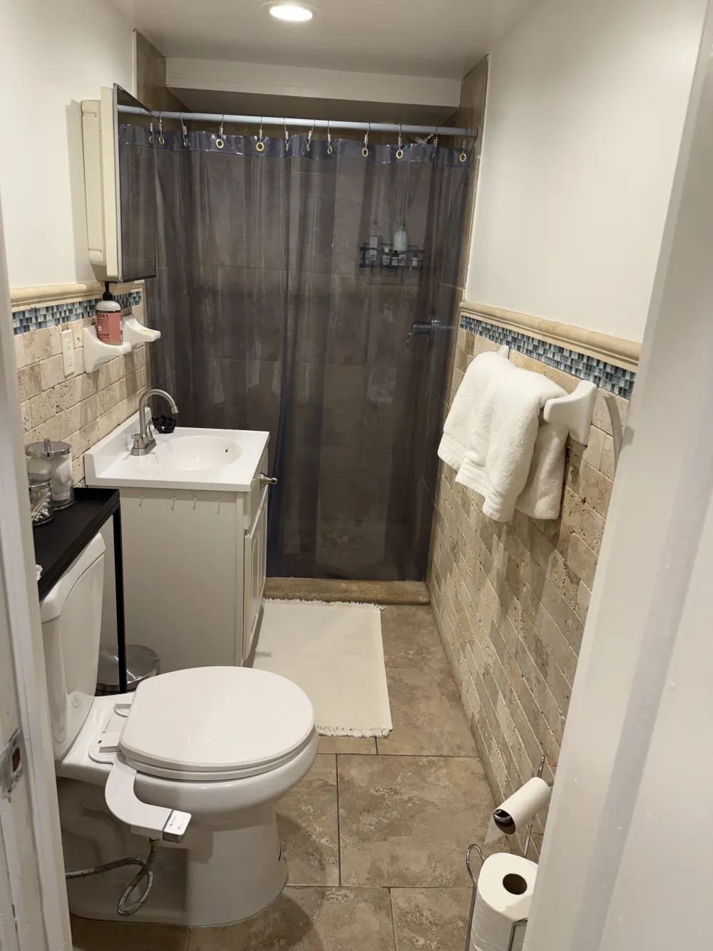 Small bathroom with shower area.