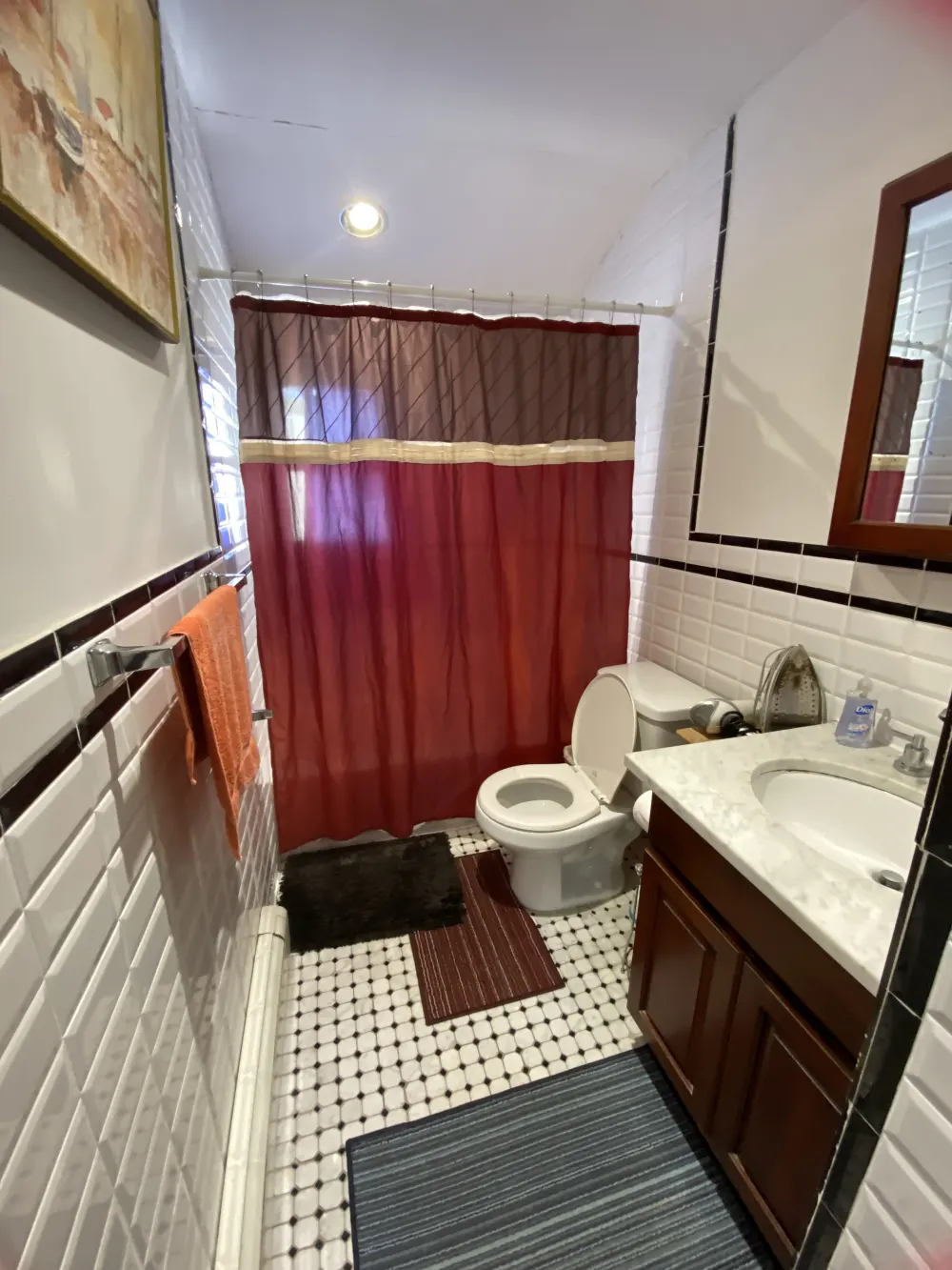 Compact bathroom with red curtain.