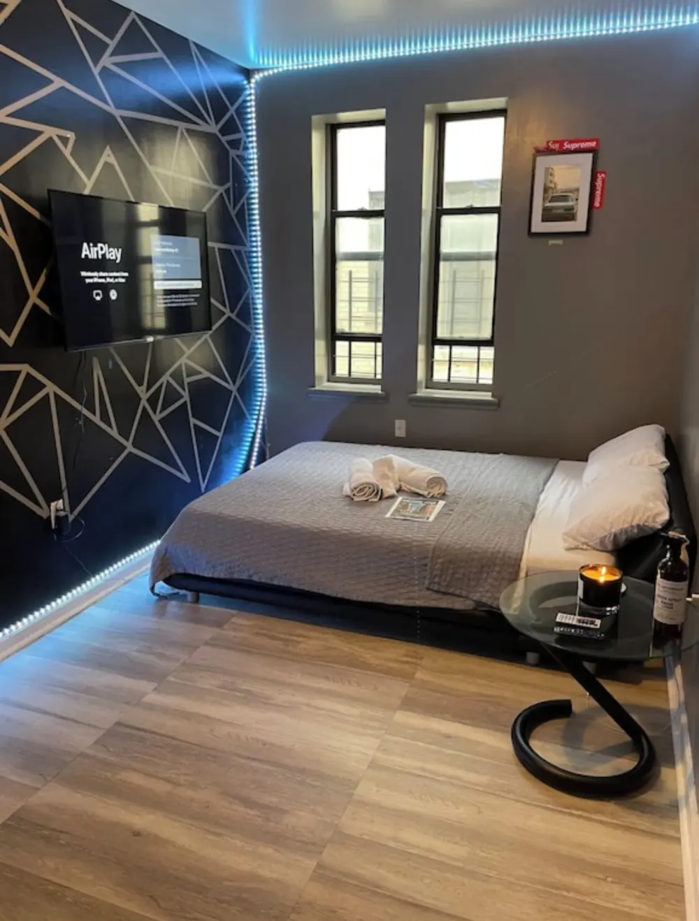 Modern bedroom with stylish decor.