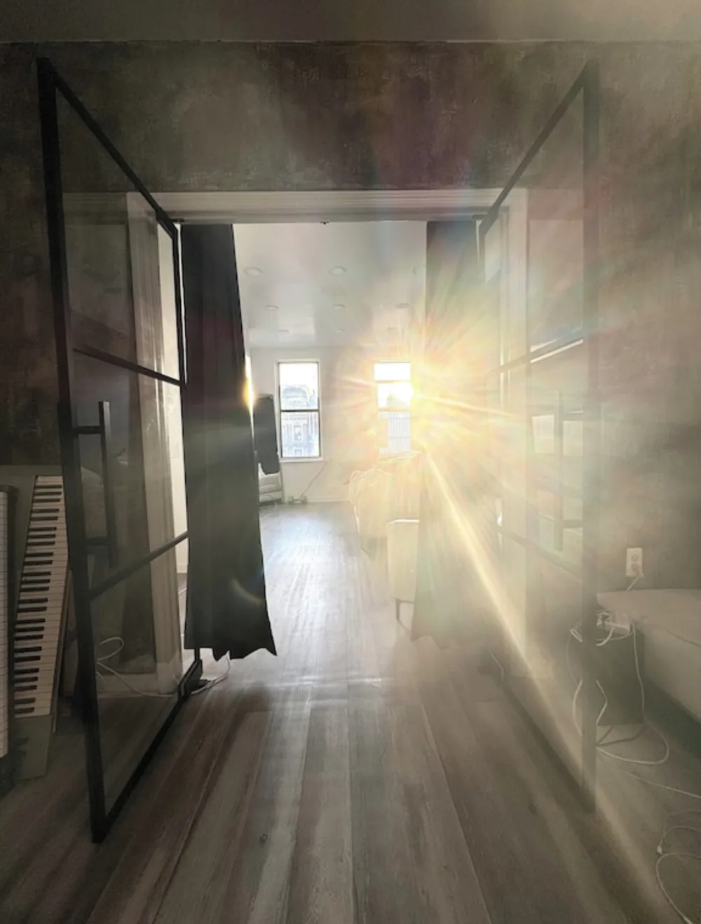 Sunlight streaming into cozy apartment.