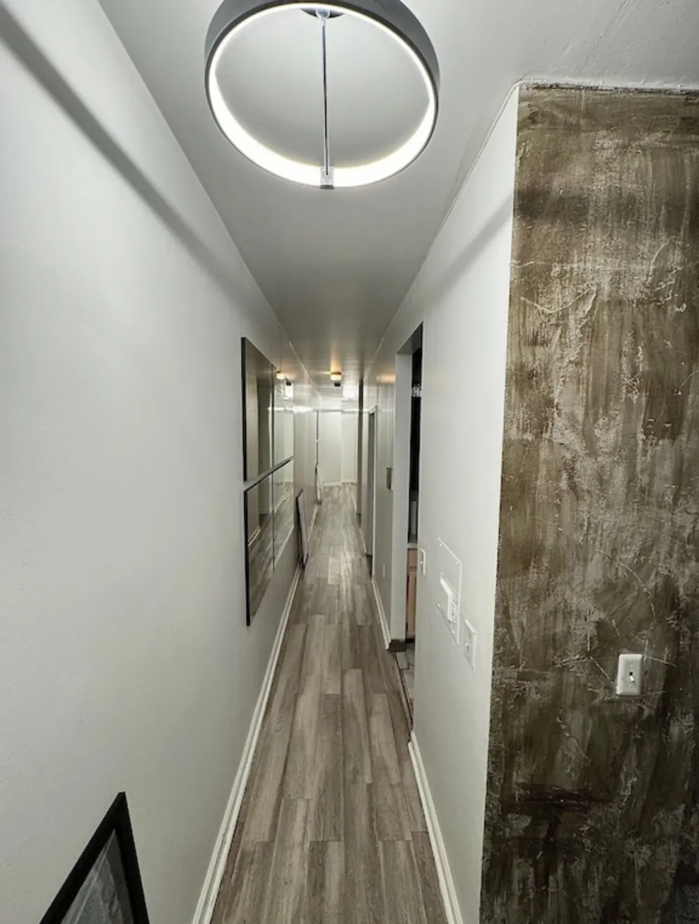 Narrow, modern hallway with artwork.