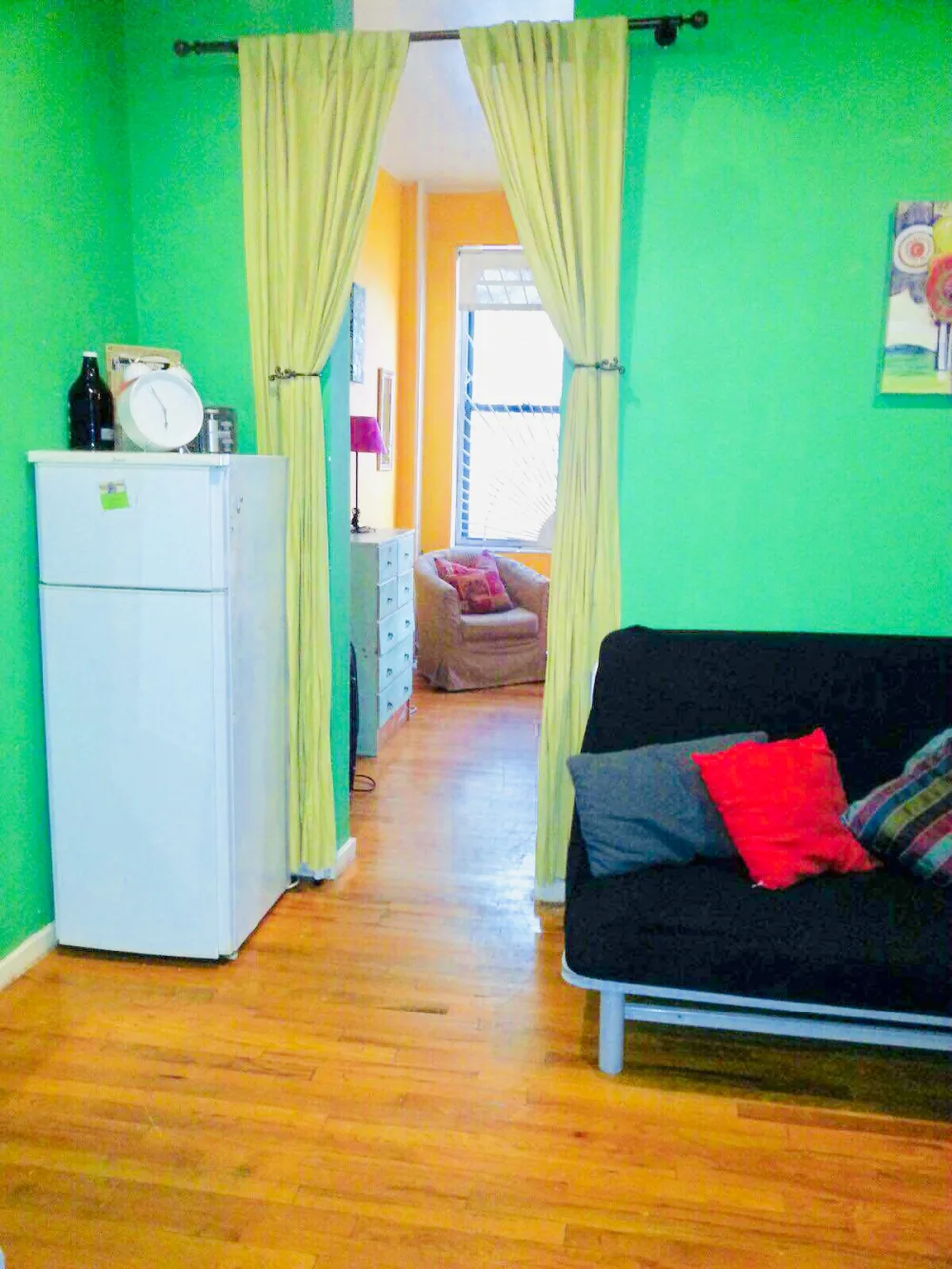 Bright, colorful small living space.