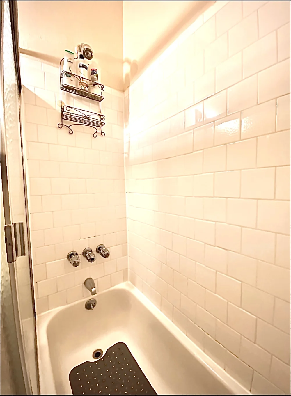 Clean, tiled shower with essentials.