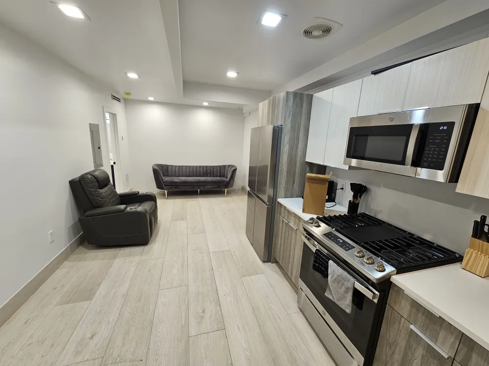 Modern kitchen and living area.