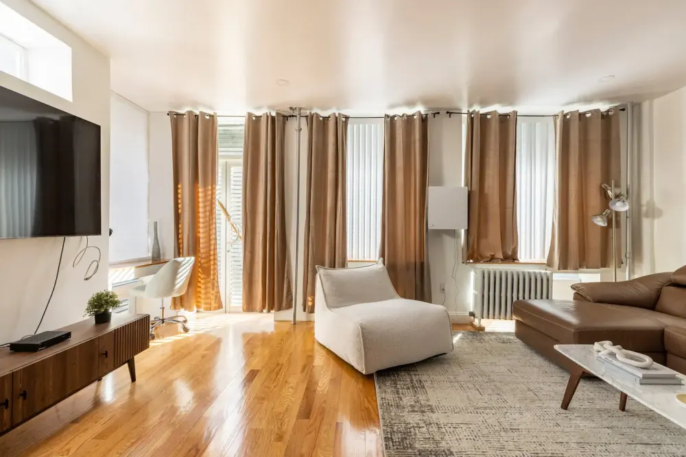 Modern living room with sunlight.