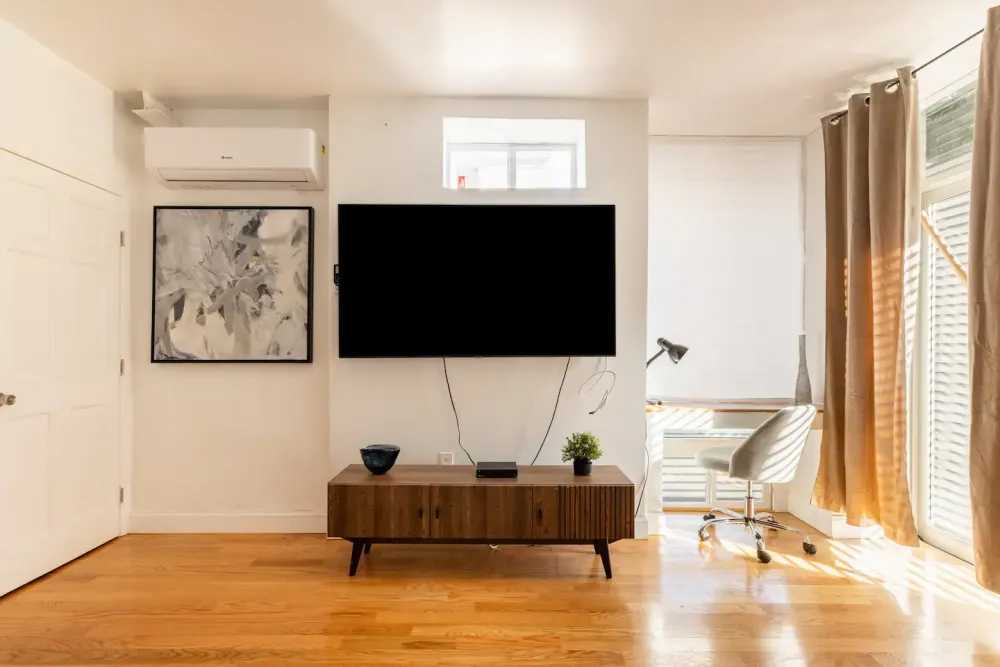 Modern living room with desk.