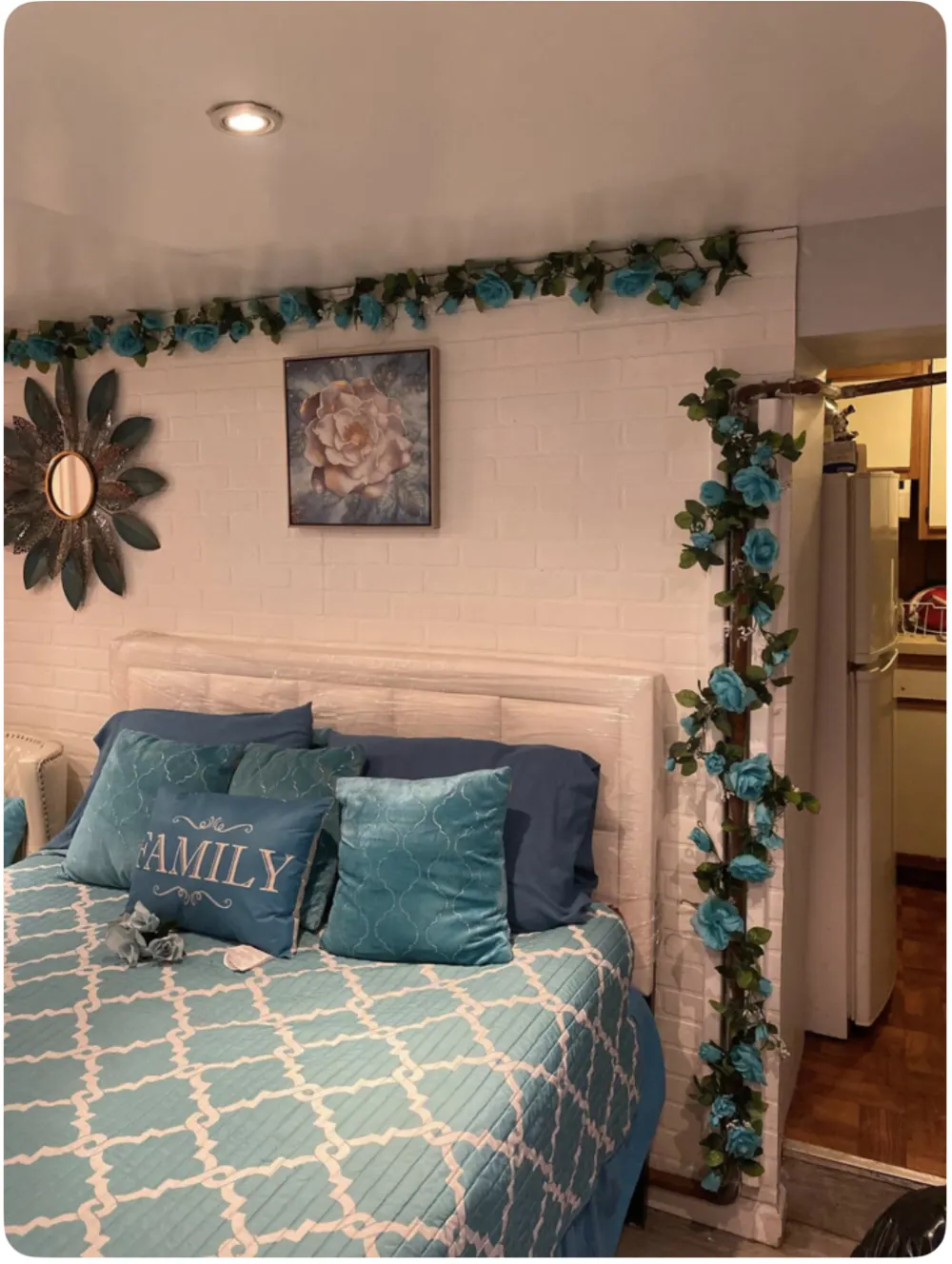 Cozy bedroom with floral decor.