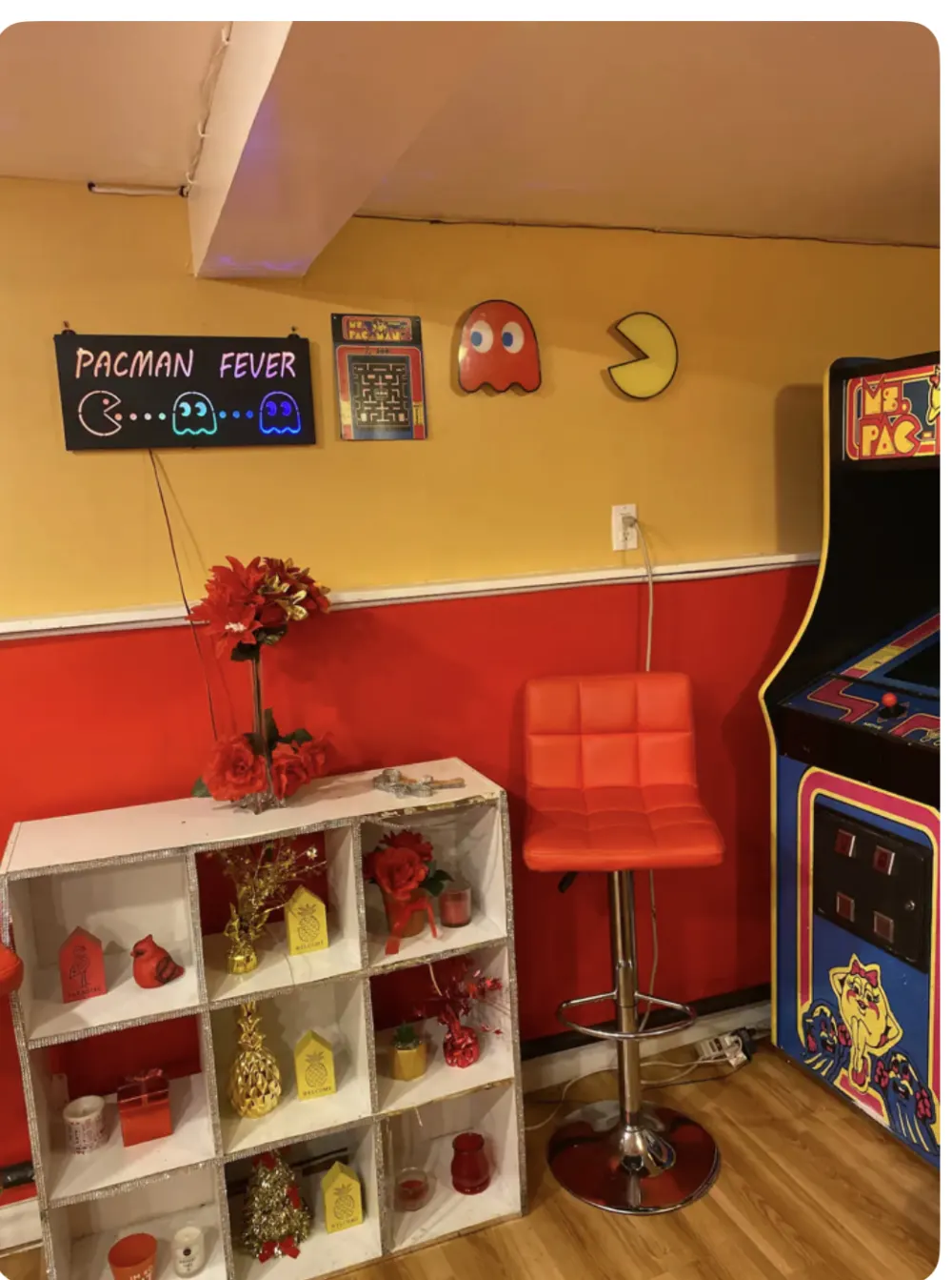 Colorful Pac-Man themed game room.