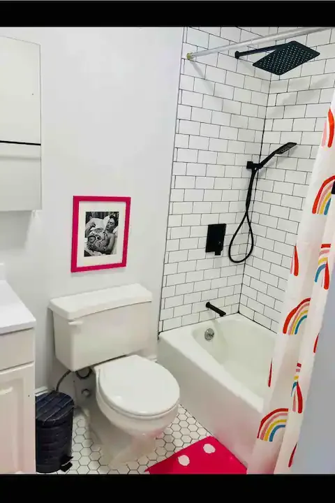 Colorful rainbow-themed bathroom decor