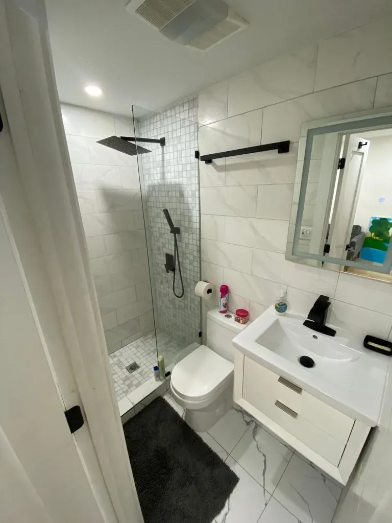 Modern bathroom with glass shower.