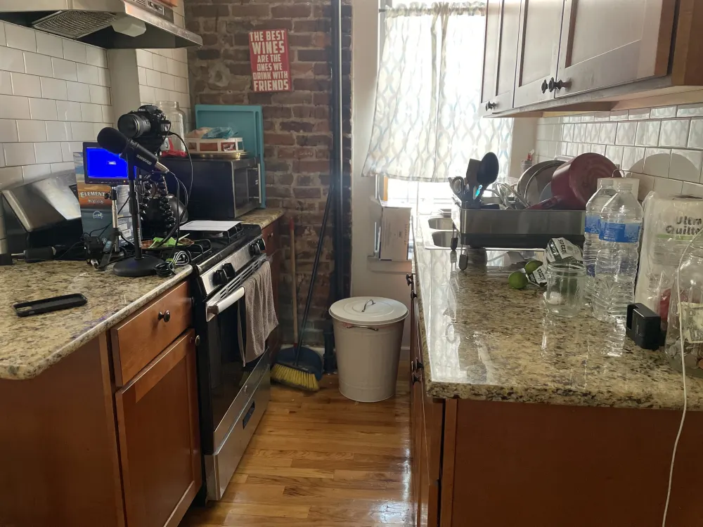 Cozy kitchen with granite countertops.