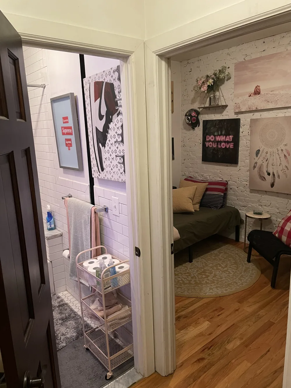 Cozy bathroom and decorated bedroom.