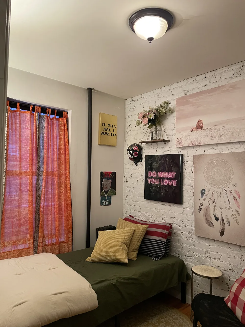 Cozy bedroom with eclectic decor.