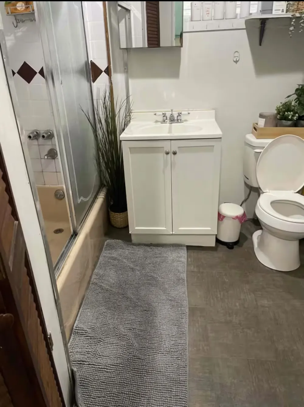 Modern bathroom with shower and plants.