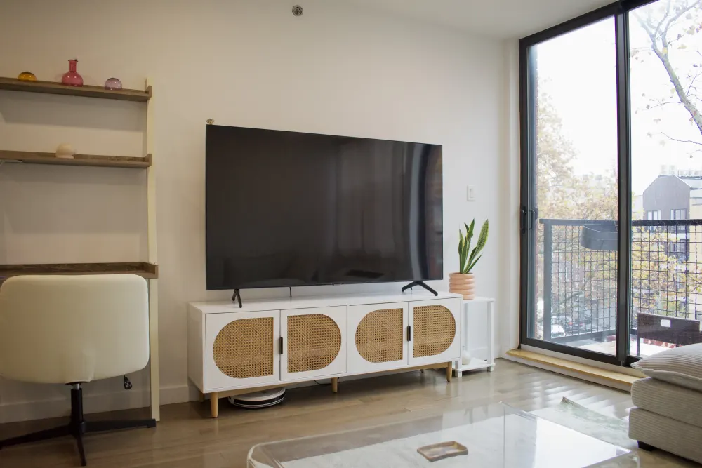 Modern living room with balcony.