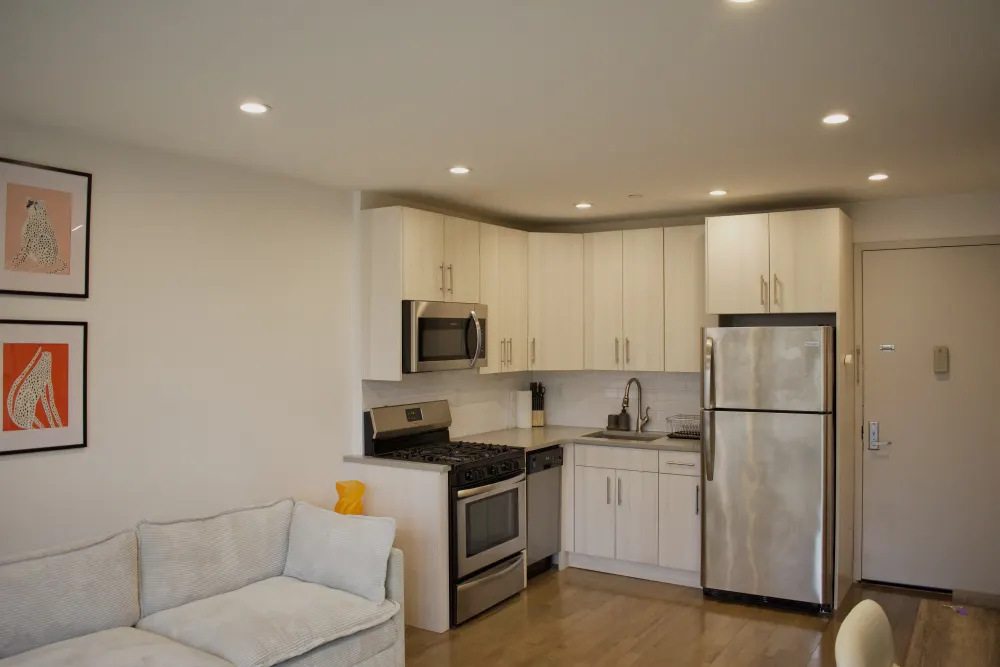 Modern kitchen and cozy living area.
