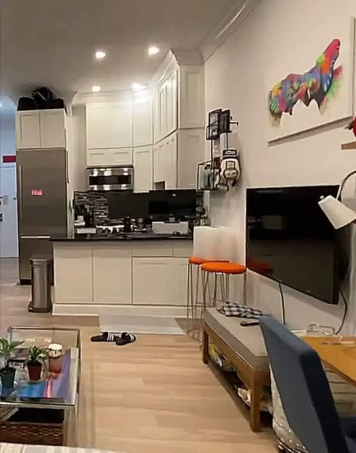 Modern kitchen and cozy living area.