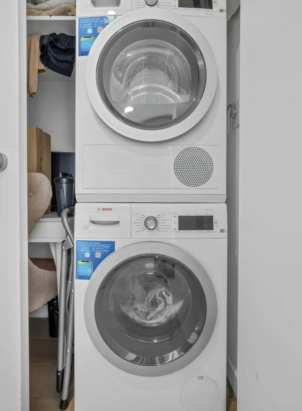 Stacked washer and dryer unit.