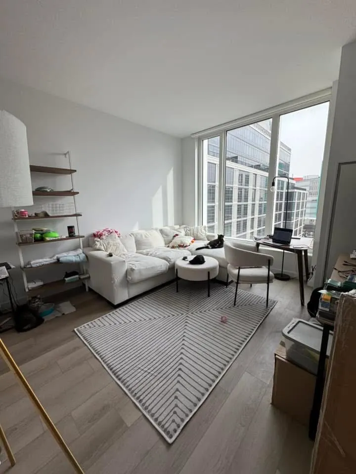 Modern living room with windows.