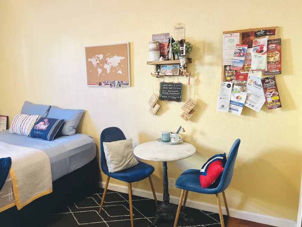 Cozy room with blue accents.