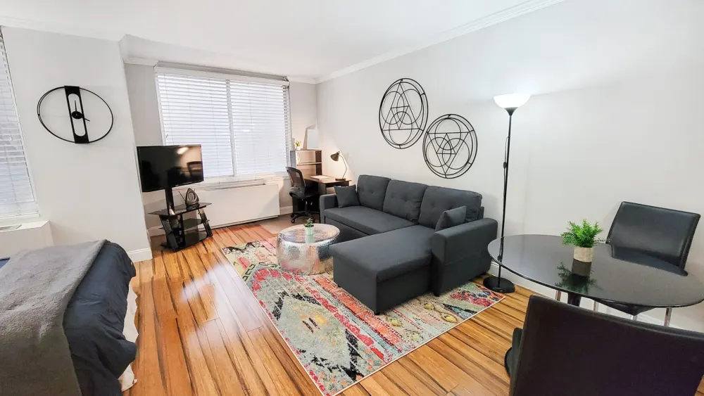 Modern studio apartment with stylish decor.