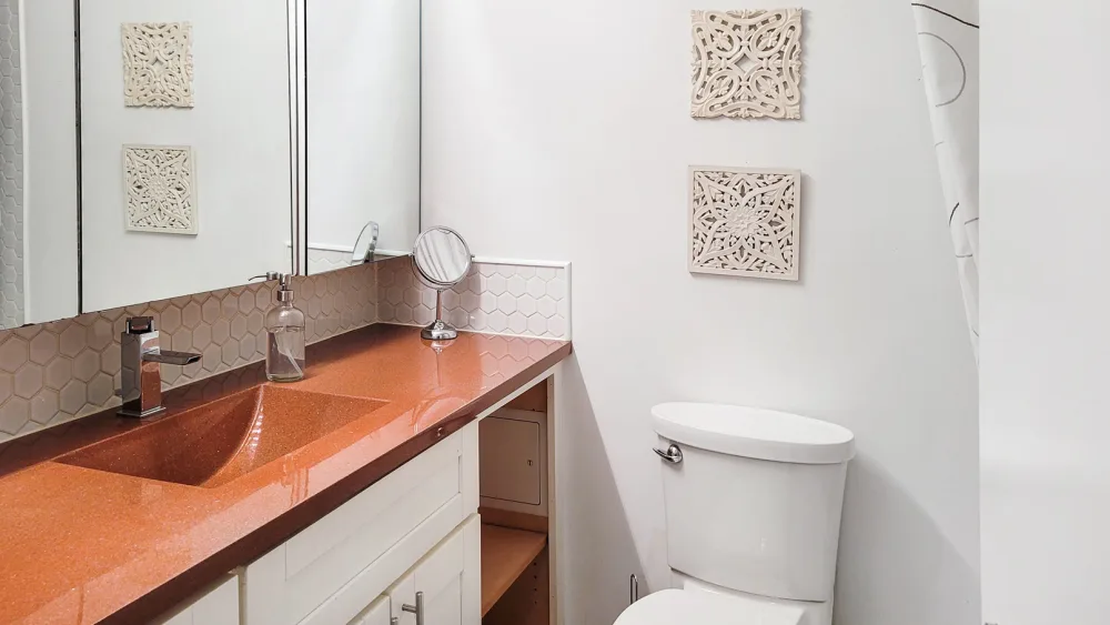 Modern bathroom with orange counter.