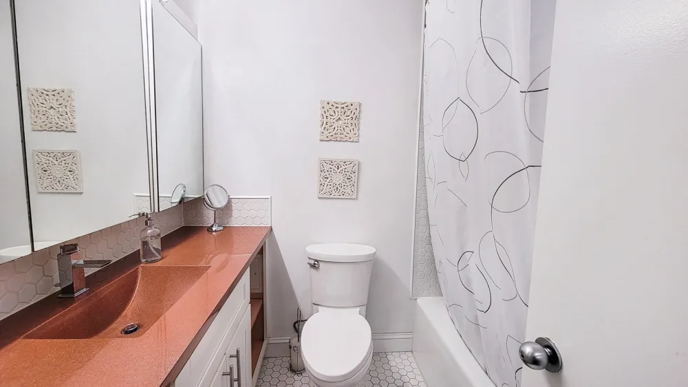 Modern bathroom with red sink.