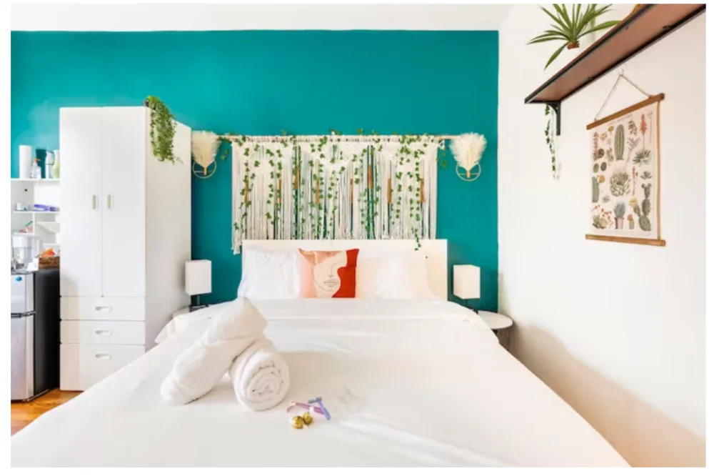 Bright bedroom with bohemian decor.