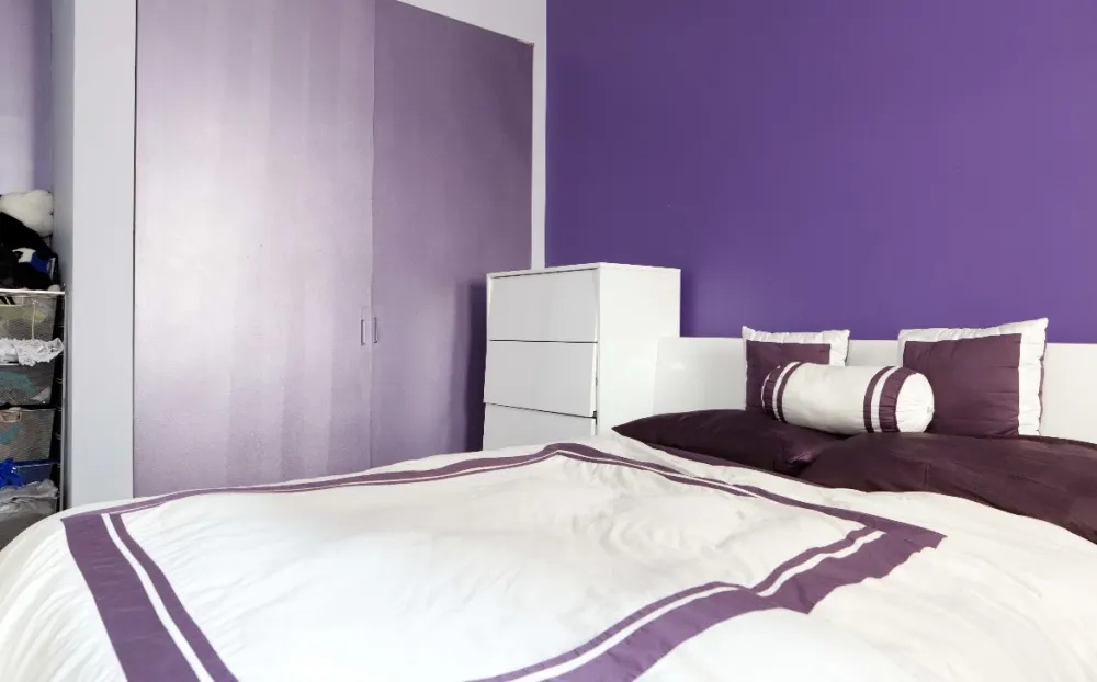 Purple-themed modern bedroom decor.