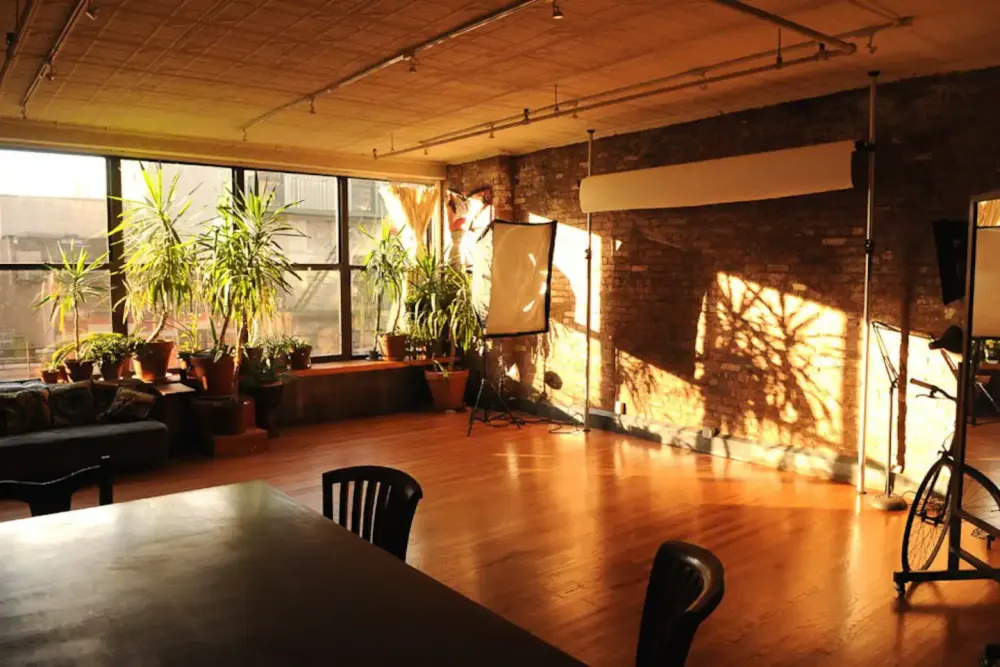Sunlit loft with indoor plants.
