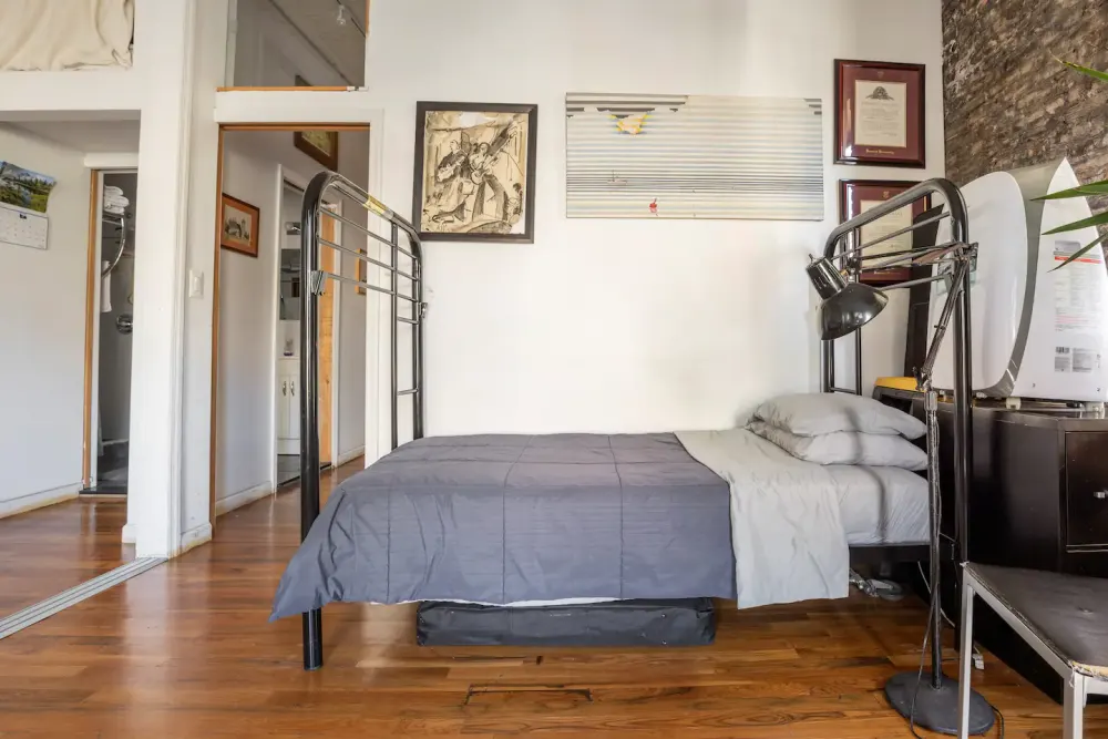 Cozy bedroom with modern accents.