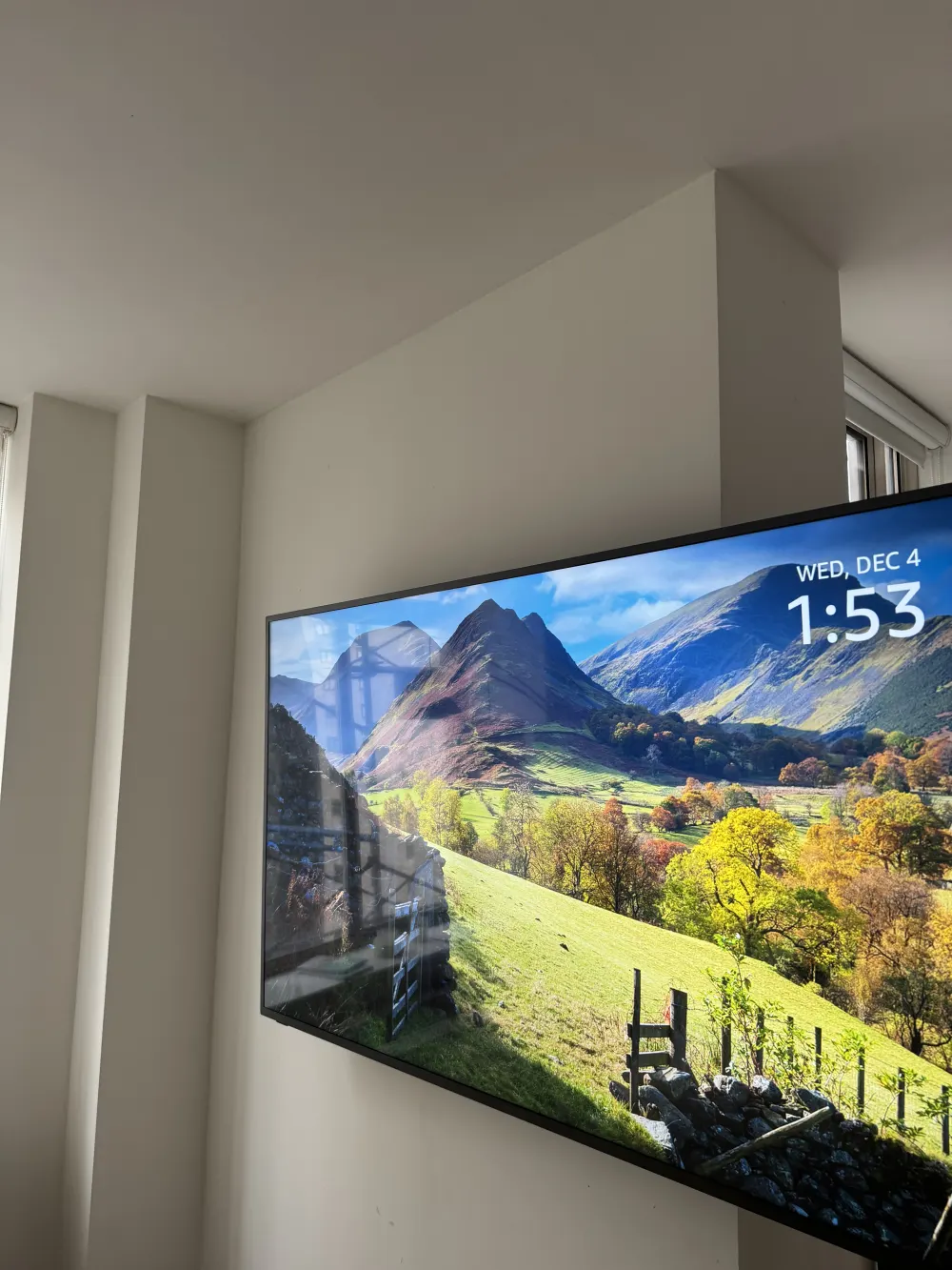 TV screen showing scenic landscape.