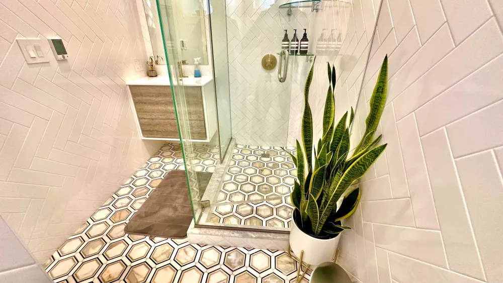 Modern bathroom with stylish decor.
