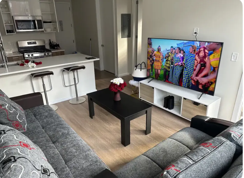 Modern living room with kitchen.
