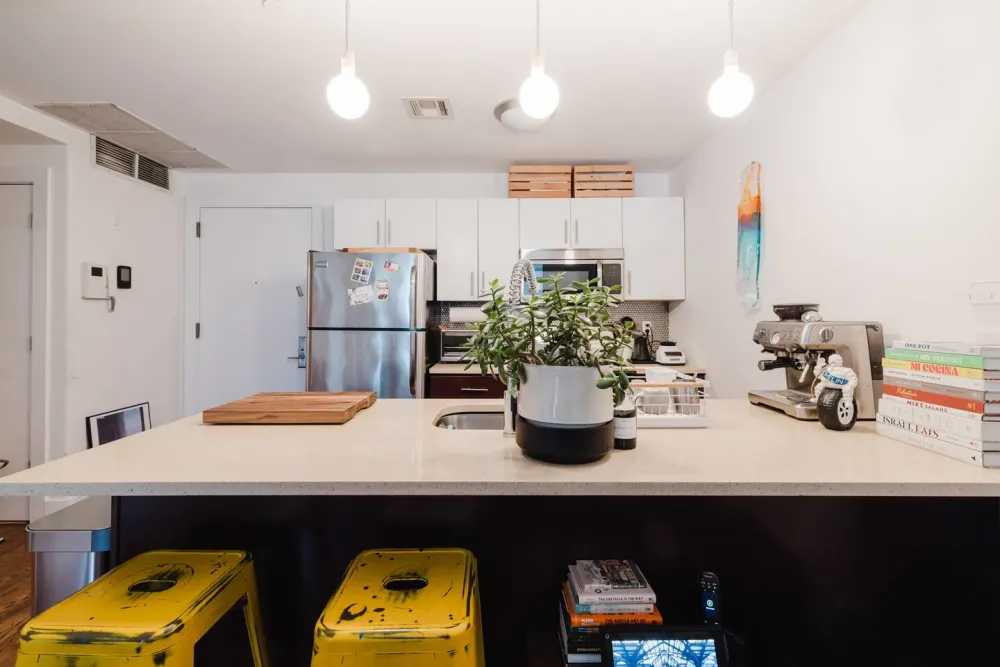 Modern kitchen with island seating.