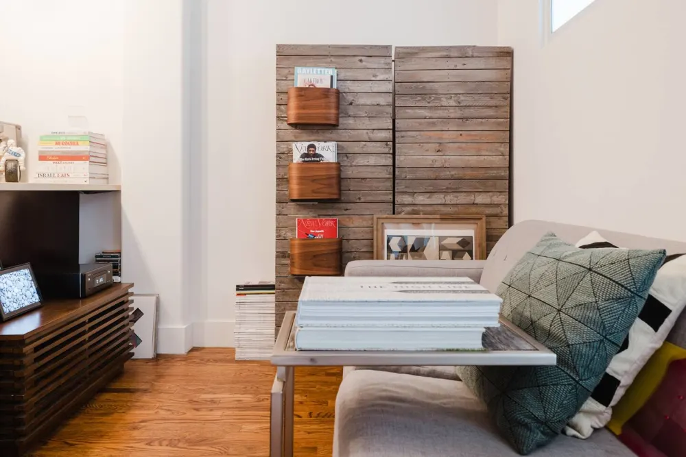 Cozy reading nook with magazines.
