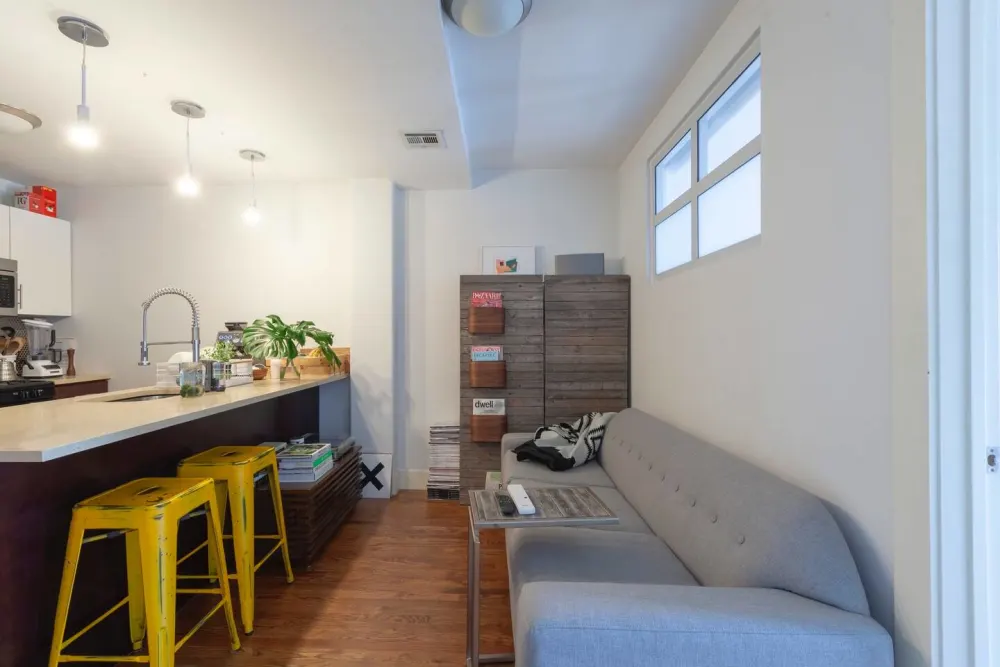 Modern kitchen and cozy living area.