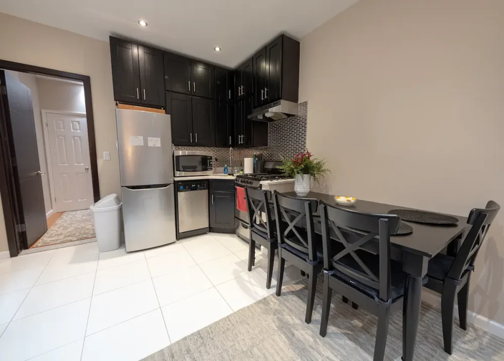 Modern kitchen with dining area.