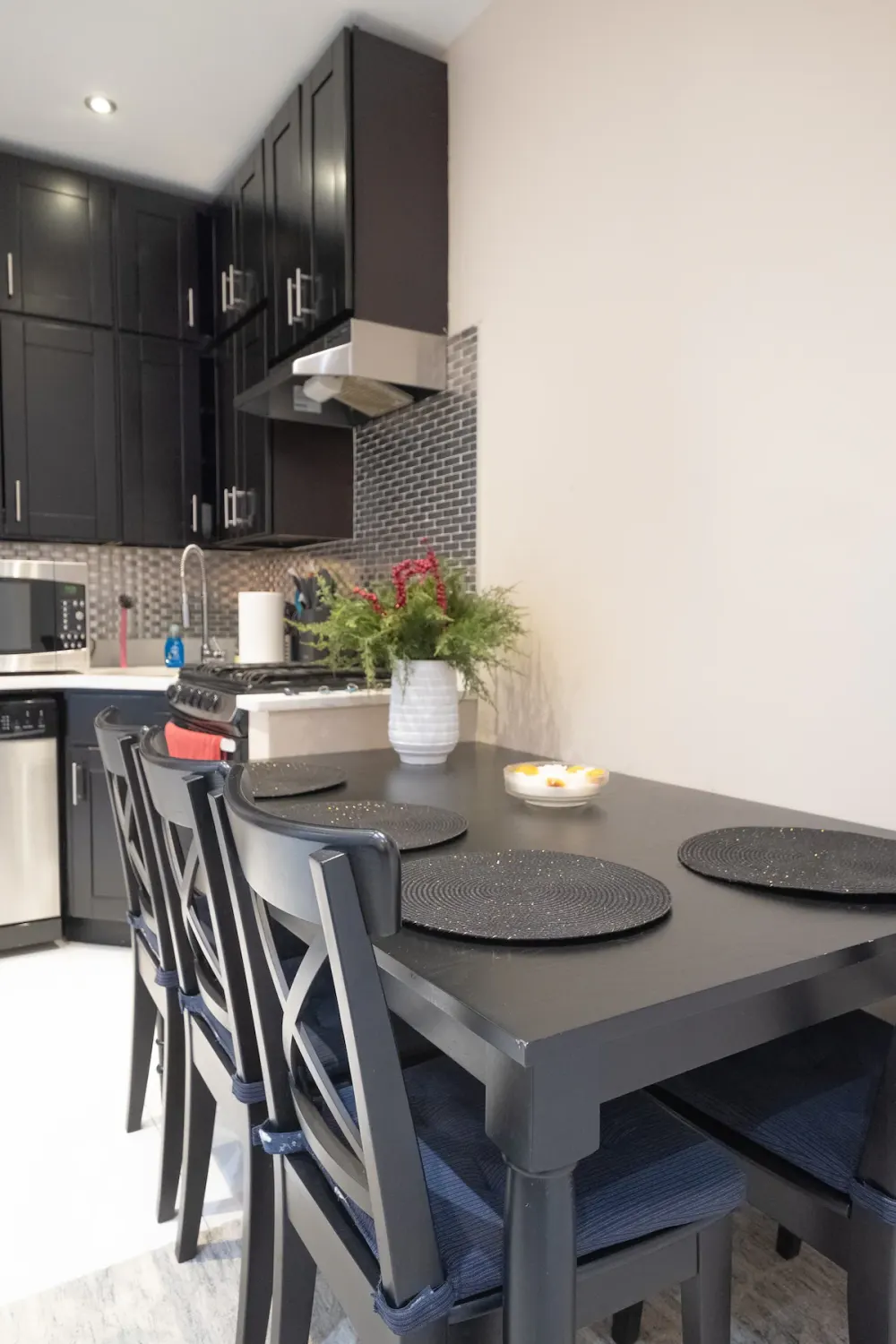 Modern kitchen with dining area.