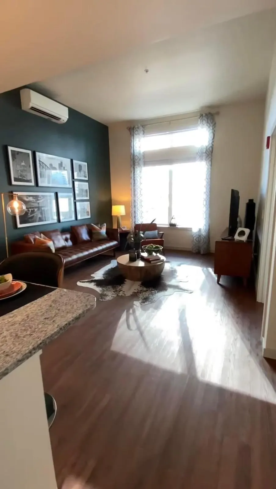 Modern, cozy living room setup.