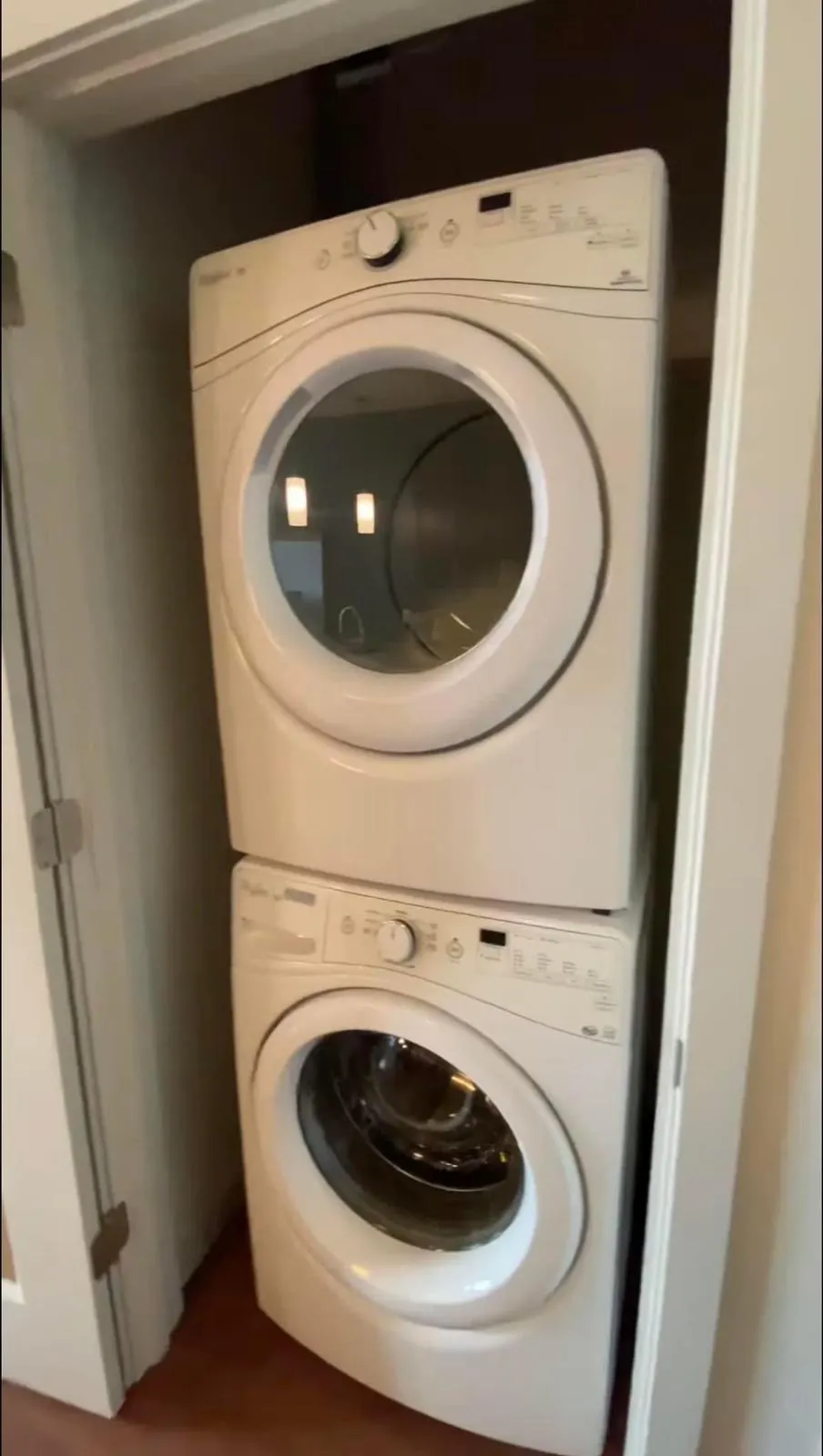 Stacked washer and dryer unit.