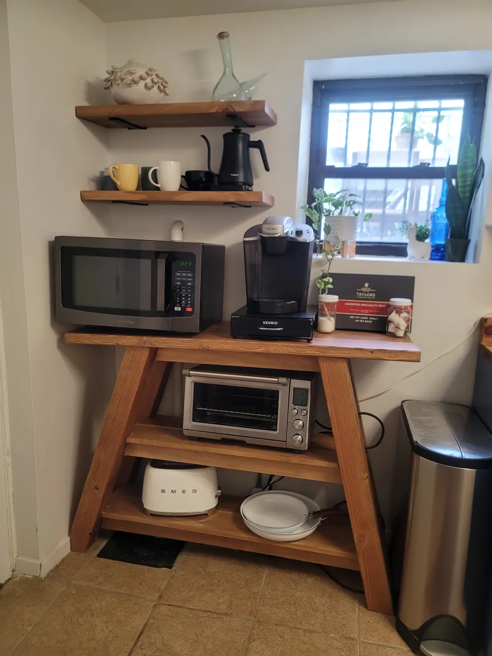 Cozy kitchen corner with appliances.