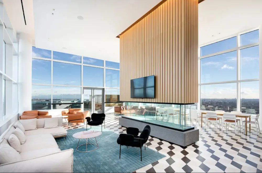 Modern penthouse lounge with views.