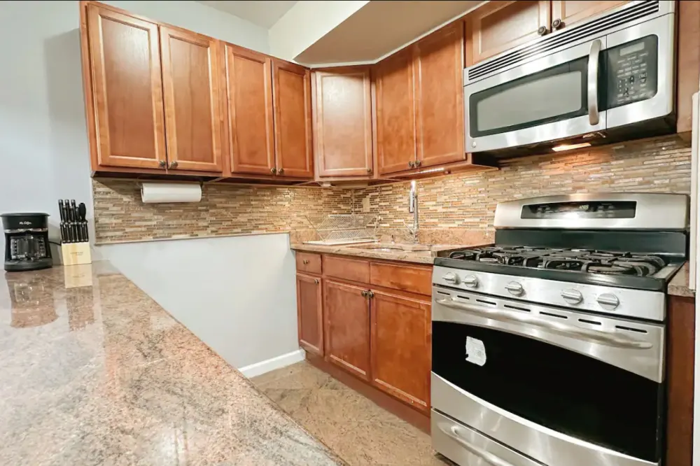 Modern kitchen with wooden cabinets.